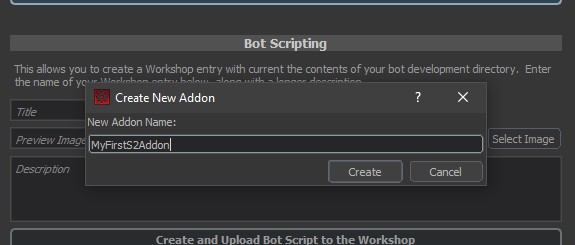Addon UI Create New Addon Select Create New Addon, Name, Create