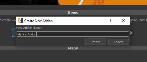 Addon UI Create New Addon Cs2 workshop tools window entering addon name
