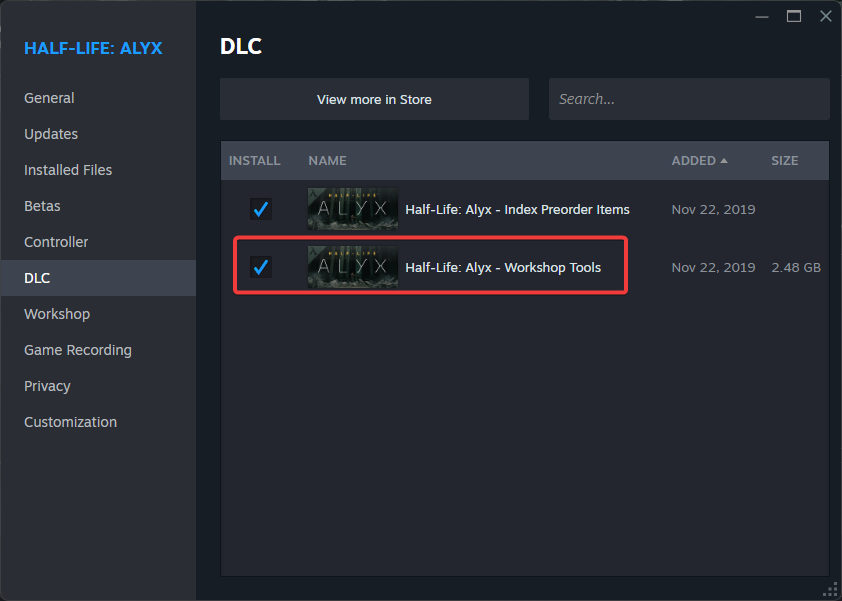 Game DLC Options Half-Life: Alyx Game DLC Options UI