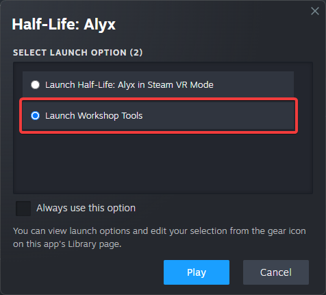 Launch Addon Half-Life: Alyx Game Launch Options