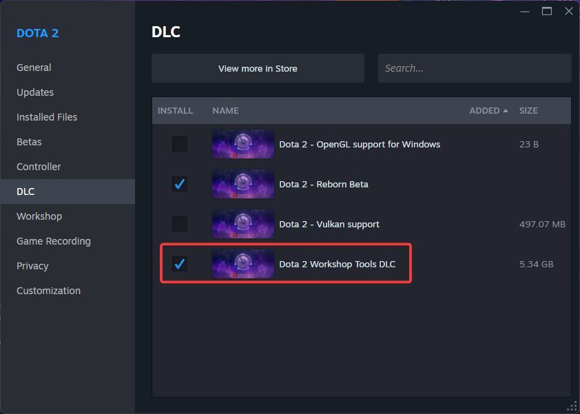 Game DLC Options Dota 2 Game DLC Options UI